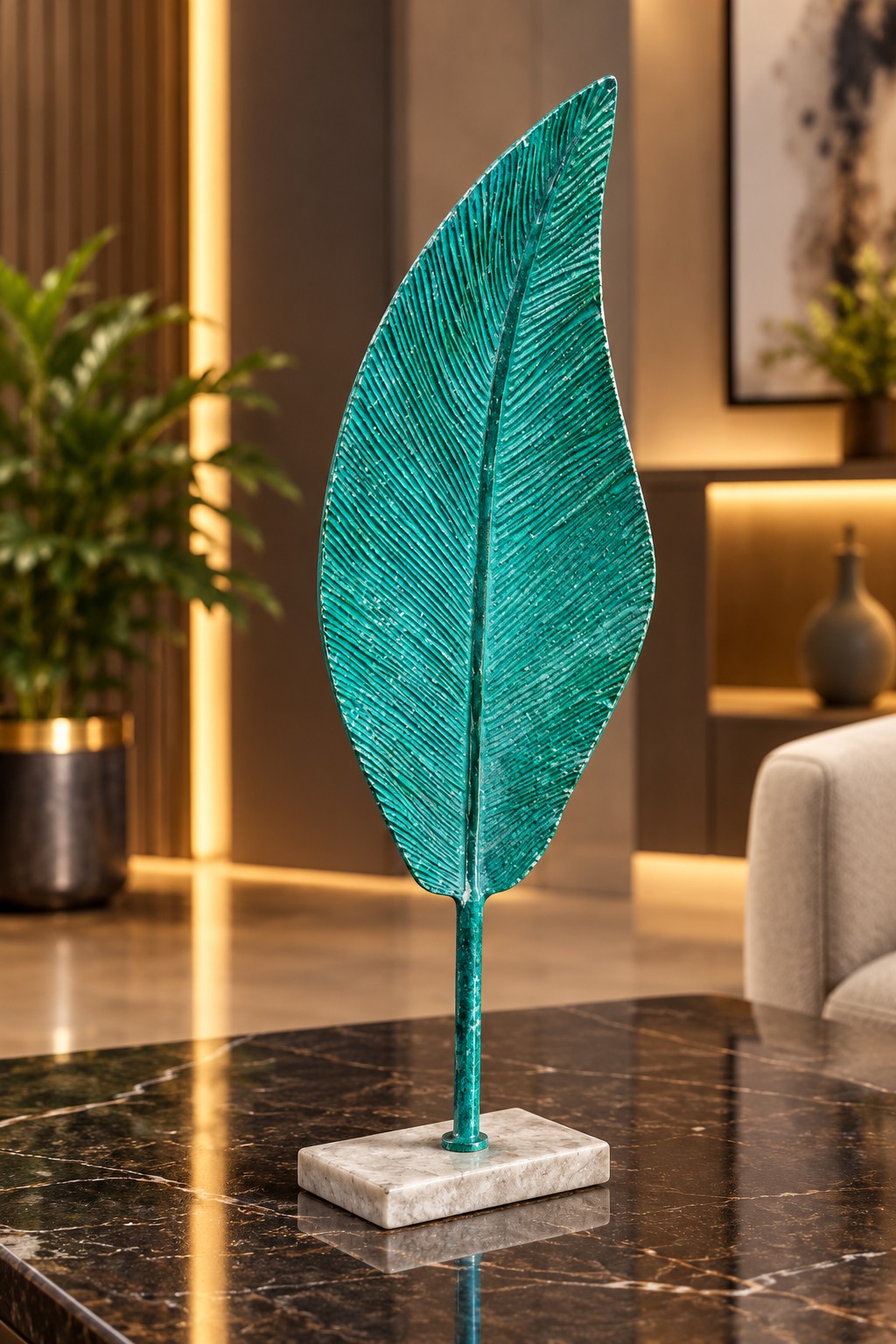 Decorative metal leaf in a teal finish